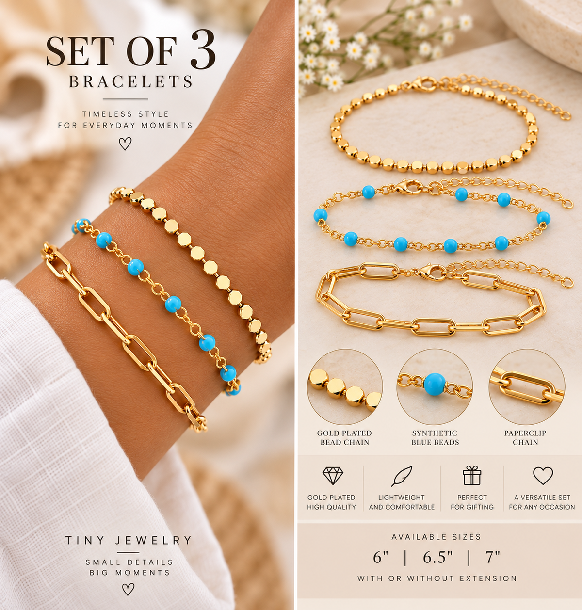 Gold Bracelet Set of 3, Gold Plated Bracelet Stack, Blue Beaded Bracelet, Paperclip Chain Bracelet, Layered Bracelets for Women