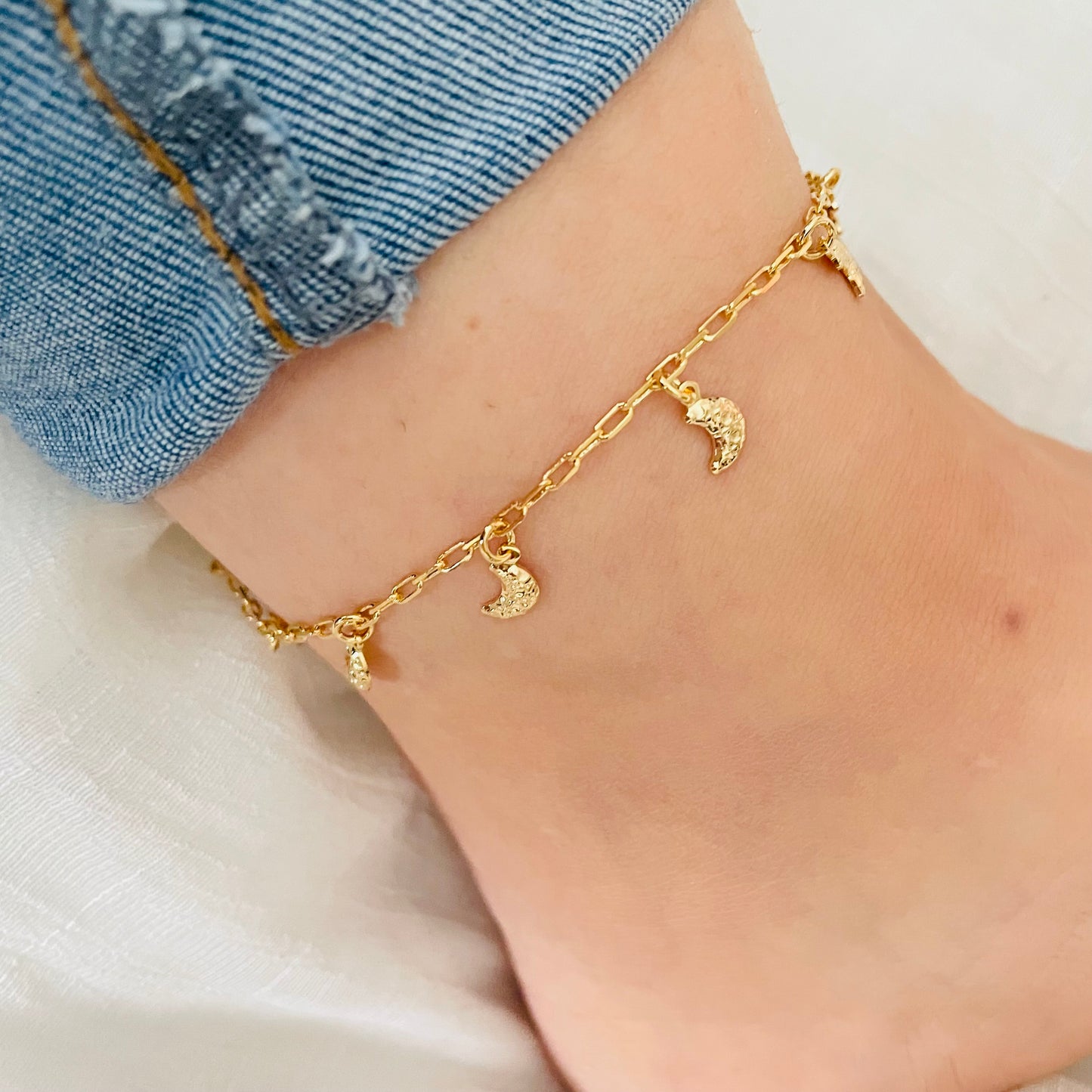 Gold Anklet, Everyday Anklet, Tiny Moon Anklet, Gift for Mom