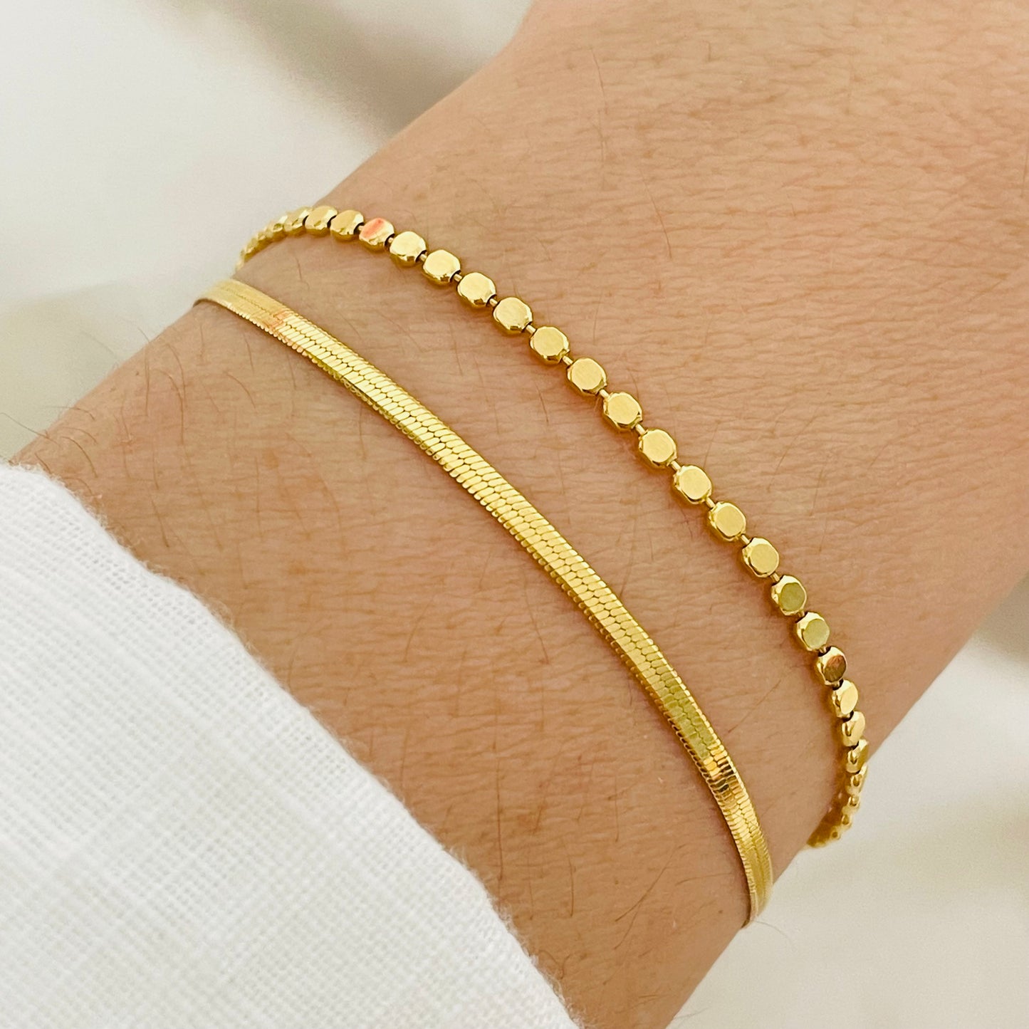 Double Gold Chain Bracelet, Duo Bead Chain Bracelet, Double Dot & Herringbone Bracelet, Minimalist Gold Bracelet, Layered Bracelet For Women