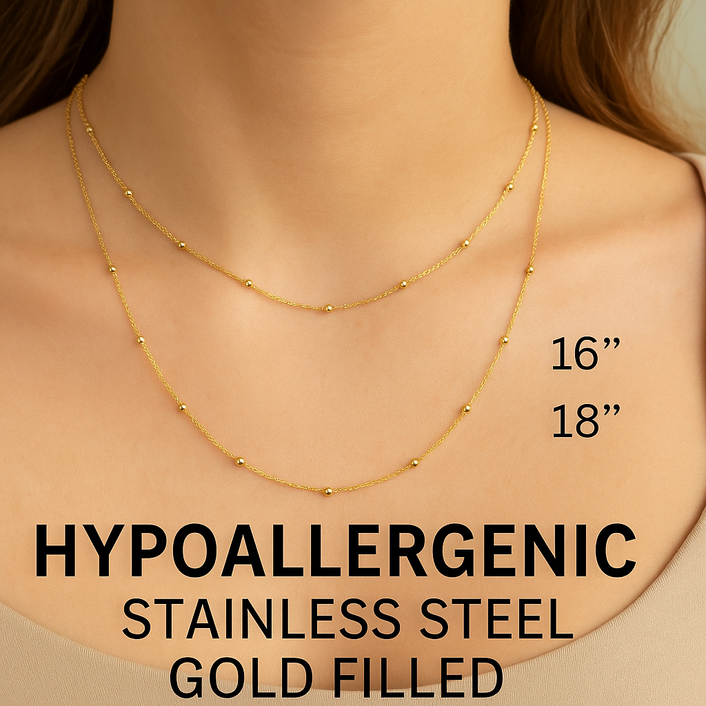 Gold Filled Beaded Satellite Necklace: Hypoallergenic Stainless Steel