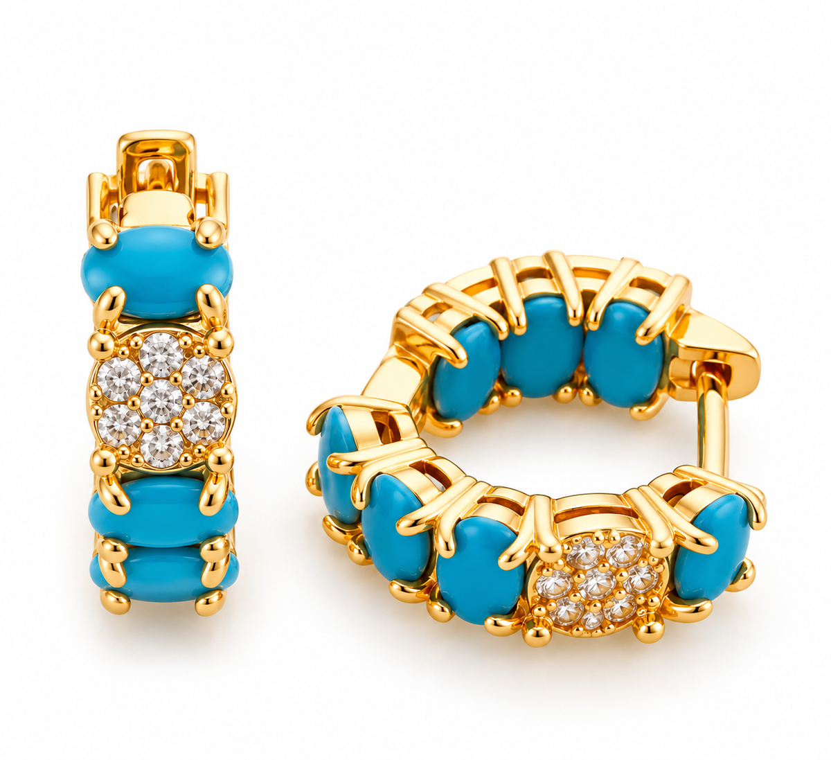 Gold Plated Hoop Earrings with Blue Stones & Clear Crystals, Women's statement Jewelry