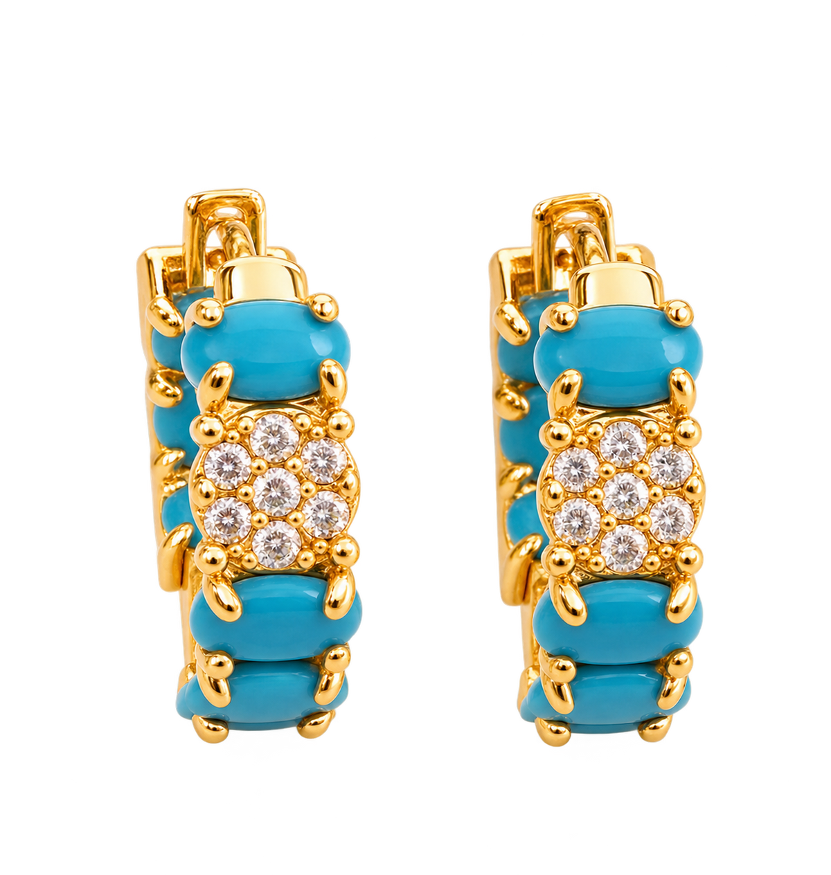 Gold Plated Hoop Earrings with Blue Stones & Clear Crystals, Women's statement Jewelry