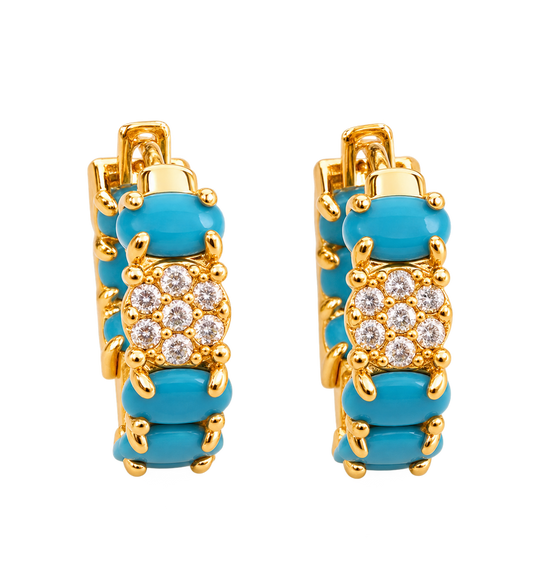 Gold Plated Hoop Earrings with Blue Stones & Clear Crystals, Women's statement Jewelry
