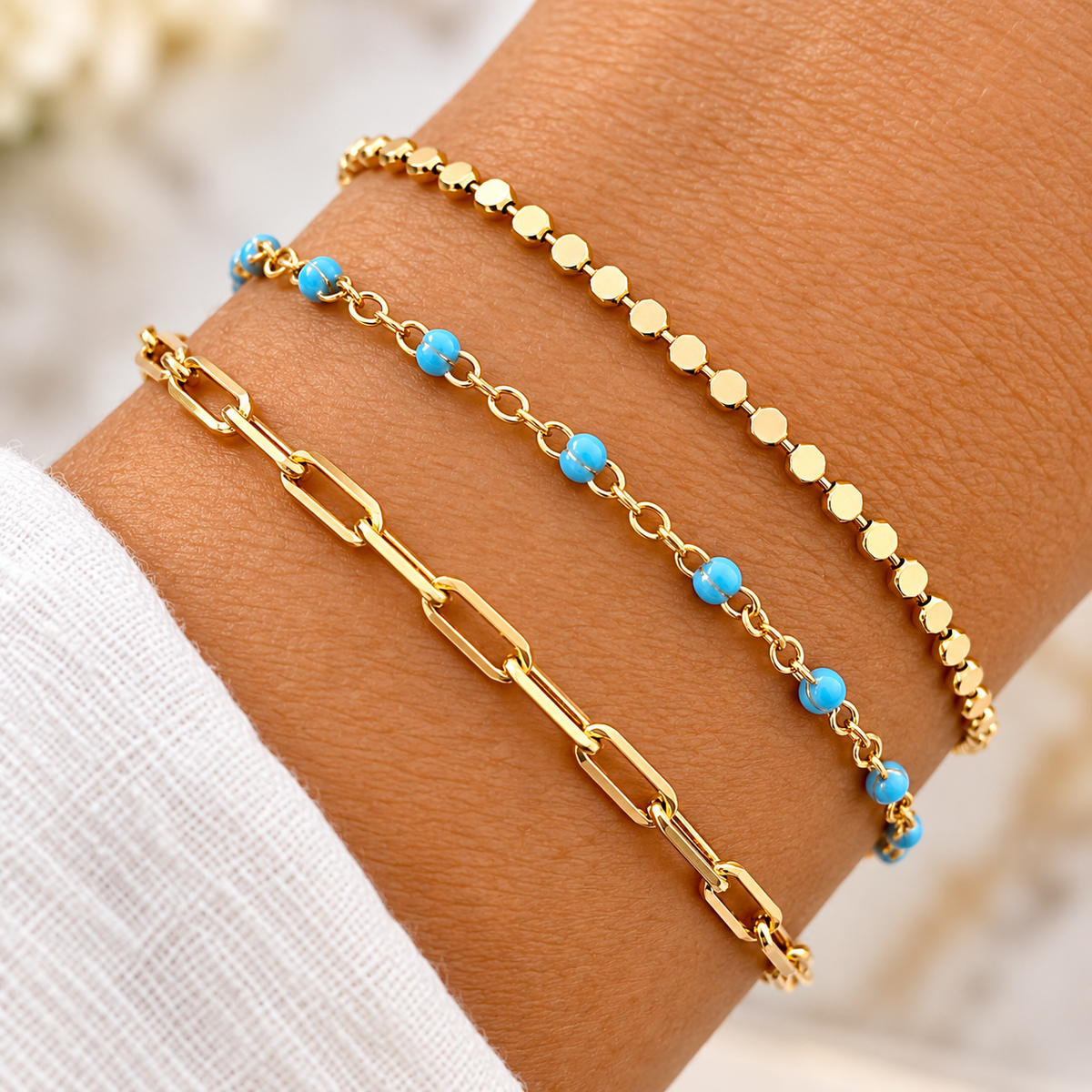 Gold Bracelet Set of 3, Gold Plated Bracelet Stack, Blue Beaded Bracelet, Paperclip Chain Bracelet, Layered Bracelets for Women