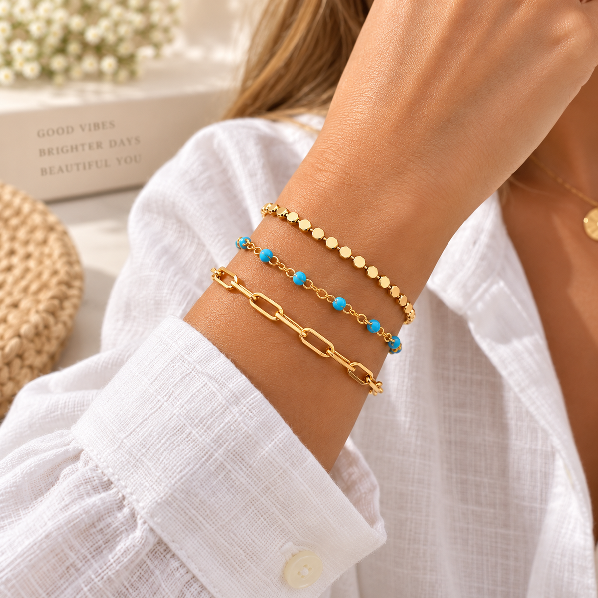 Gold Bracelet Set of 3, Gold Plated Bracelet Stack, Blue Beaded Bracelet, Paperclip Chain Bracelet, Layered Bracelets for Women