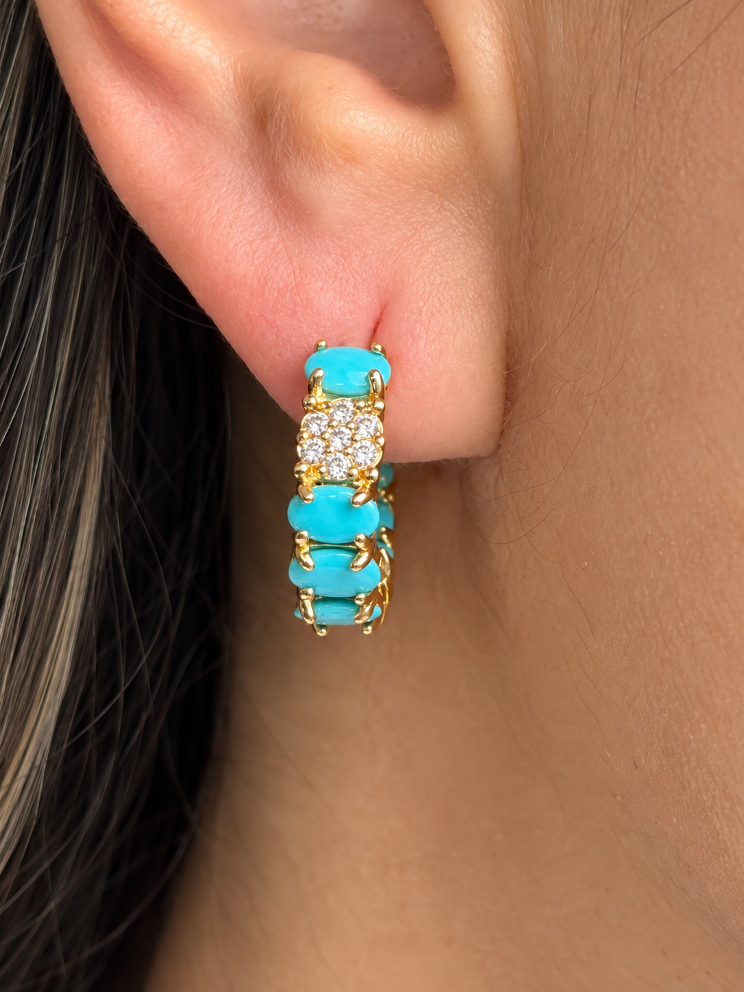 Gold Plated Hoop Earrings with Blue Stones & Clear Crystals, Women's statement Jewelry