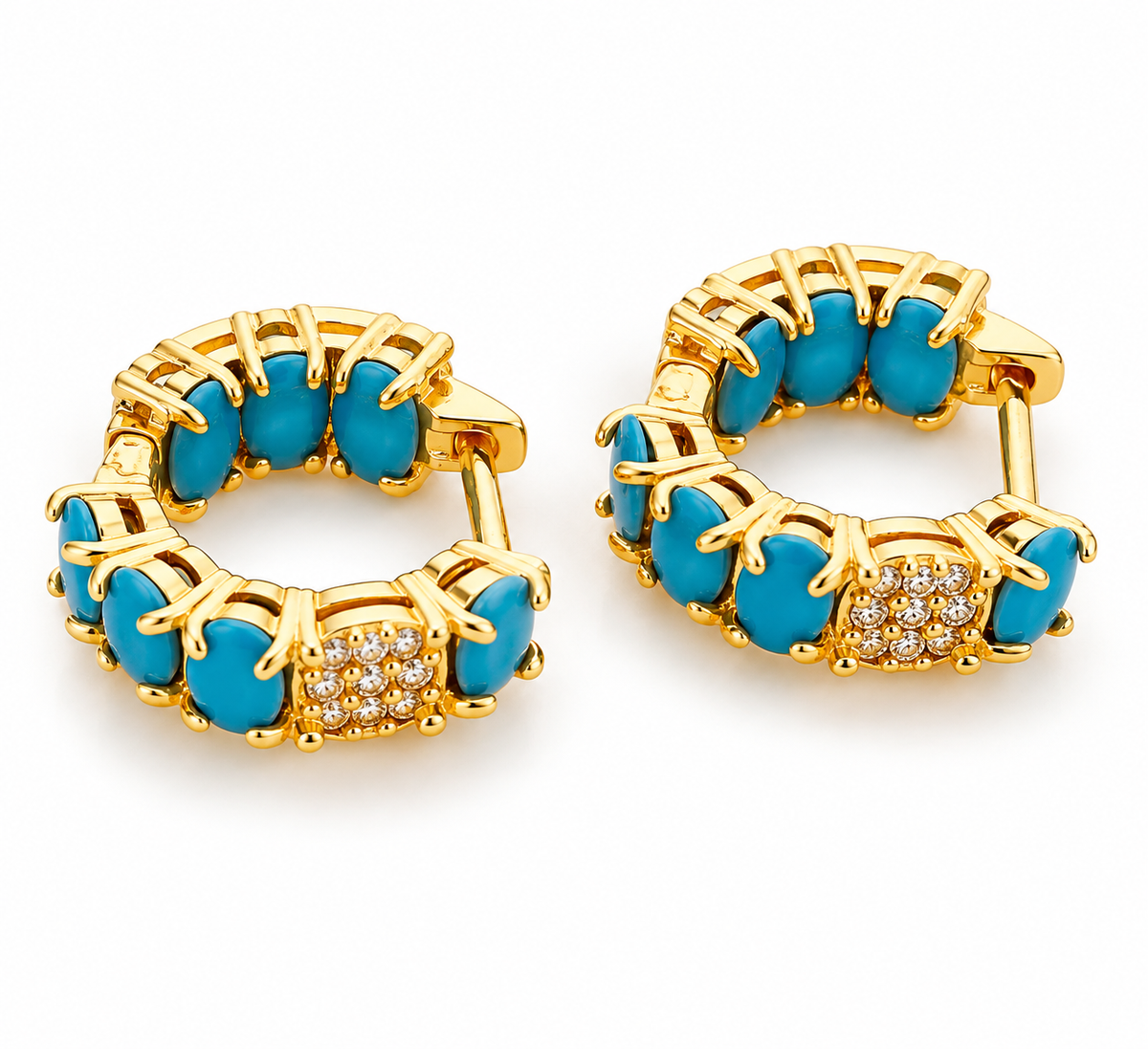 Gold Plated Hoop Earrings with Blue Stones & Clear Crystals, Women's statement Jewelry