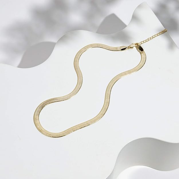 Gold Herringbone Necklace: 18K Plated Stainless Steel Flat Snake Chain