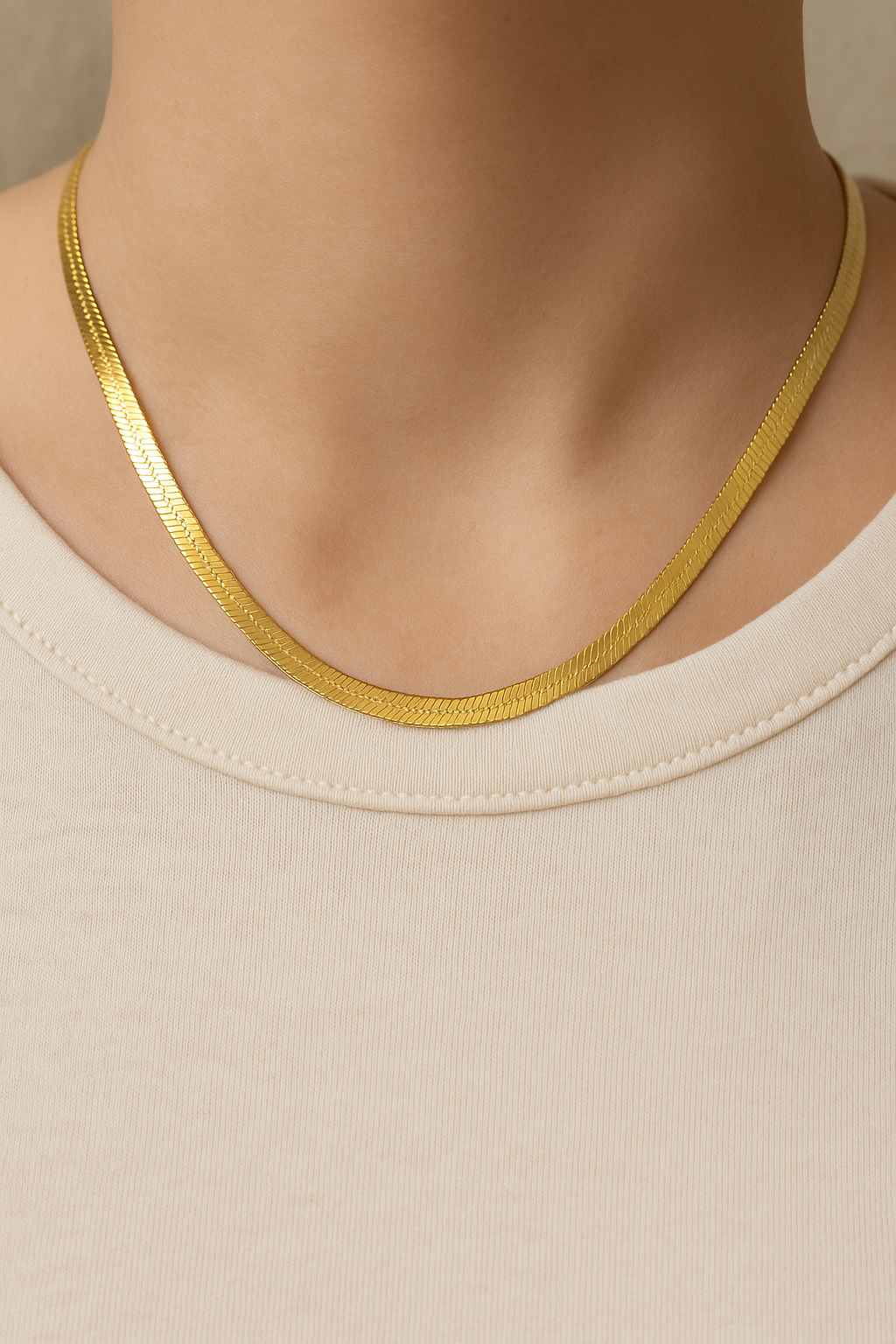 Gold Herringbone Necklace: 18K Plated Stainless Steel Flat Snake Chain