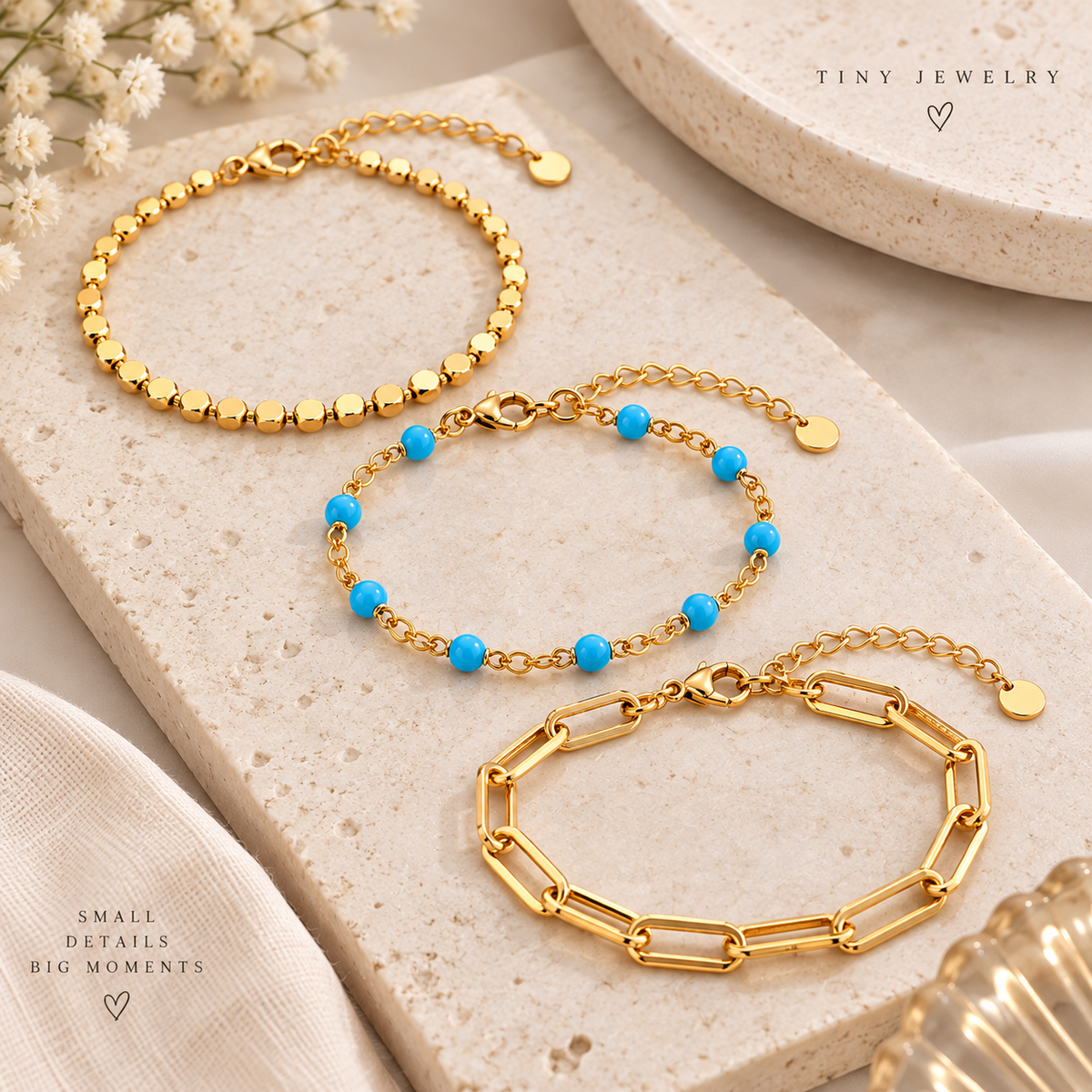 Gold Bracelet Set of 3, Gold Plated Bracelet Stack, Blue Beaded Bracelet, Paperclip Chain Bracelet, Layered Bracelets for Women